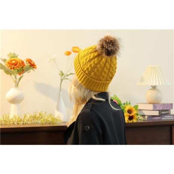 WOMEN'S Winter Soft Knit Beanie Hat with Faux Fur Pom Pom Warm, Yellow - Picture 6 of 6